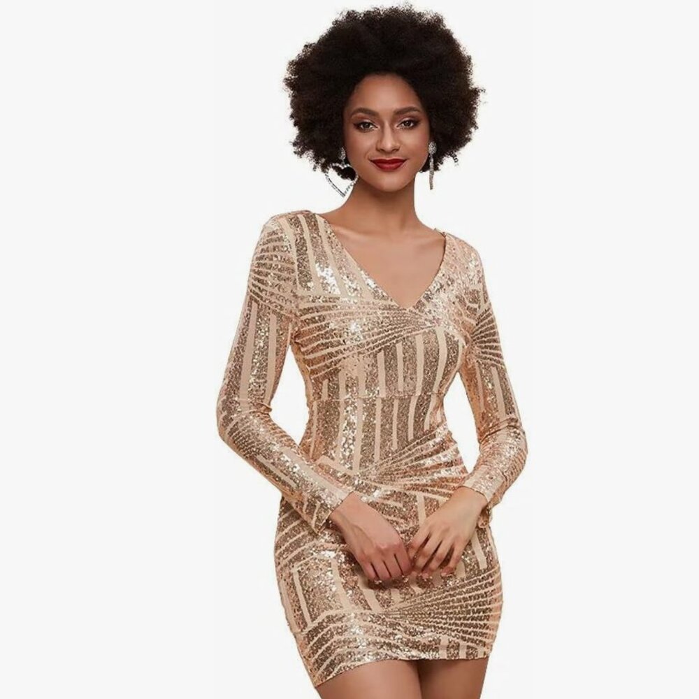 V-Neck Long Sleeve Sequin Bodycon  Mini Dress